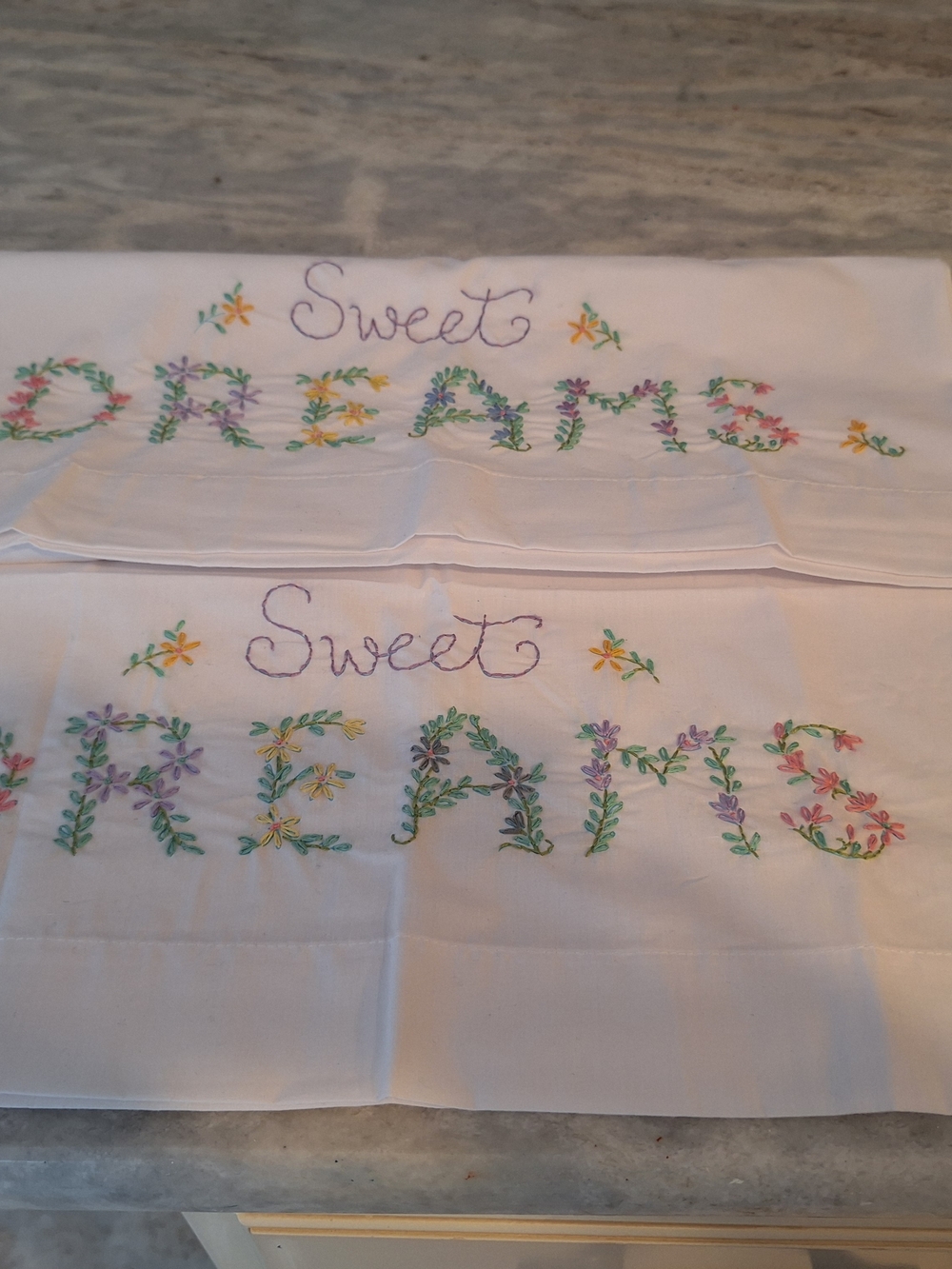 Embroidered Floral Pillowcase Set - White with Pastel Flowers - Picture 2 of 4